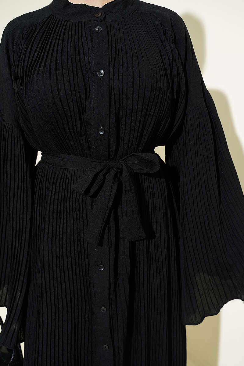 Belted Plissé Dress with Flared Sleeves - Black