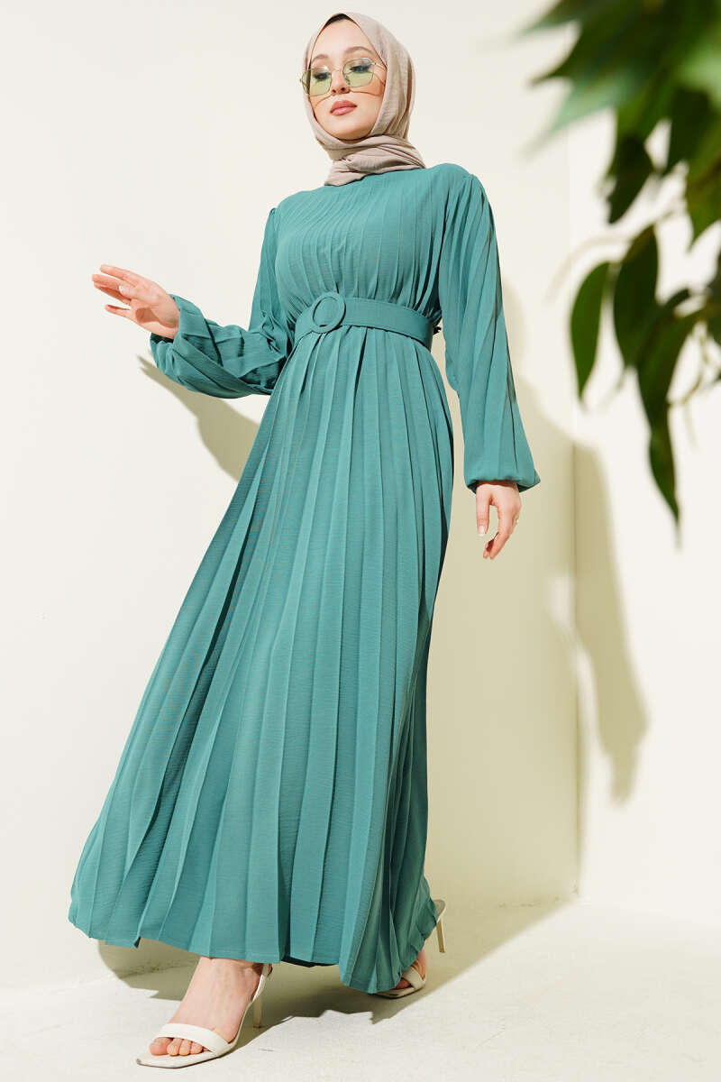 Belted Plissé Airobin Dress - Almond Green