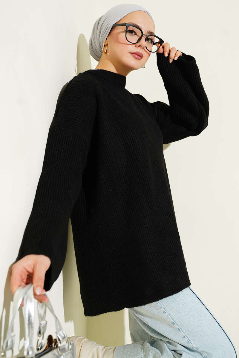 Seed-Stitch Drop-Shoulder Knit Tunic - Black