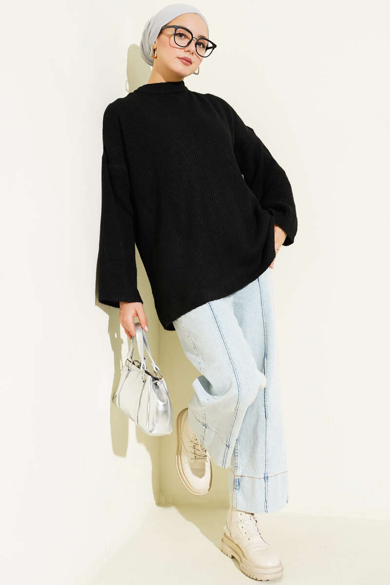 Seed-Stitch Drop-Shoulder Knit Tunic - Black
