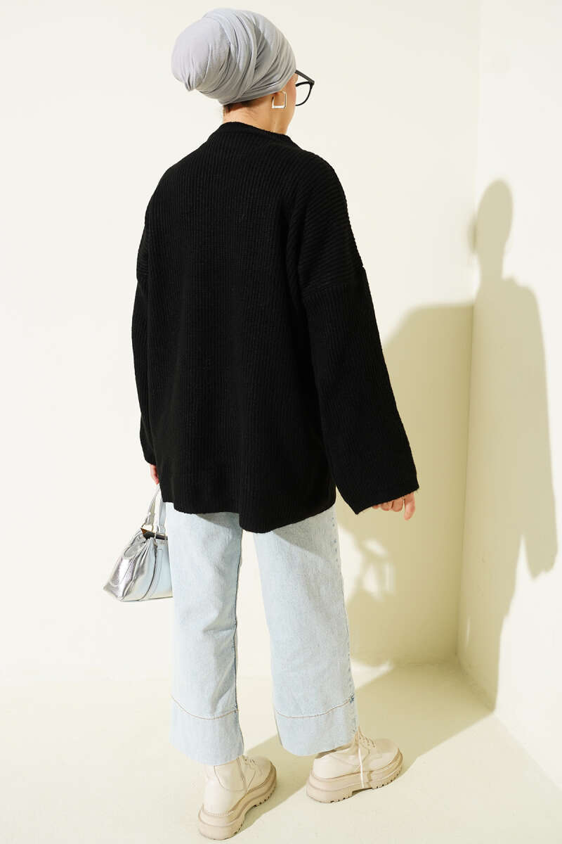 Seed-Stitch Drop-Shoulder Knit Tunic - Black