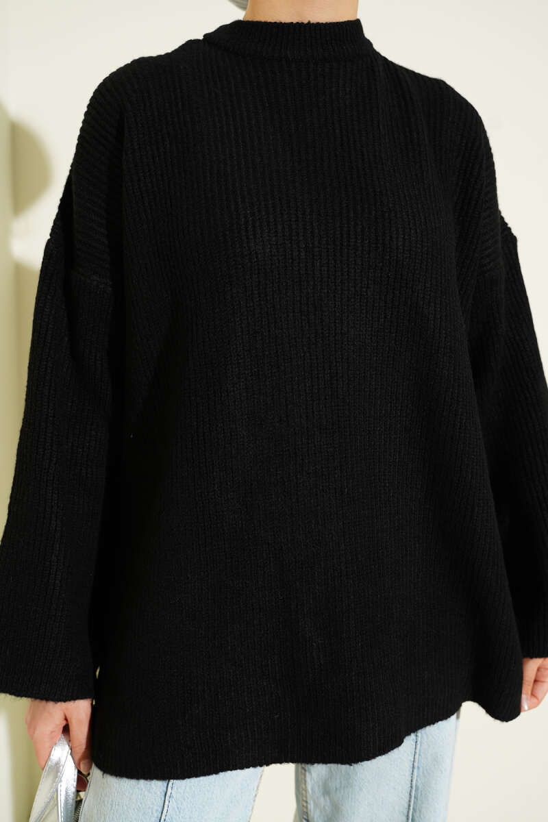 Seed-Stitch Drop-Shoulder Knit Tunic - Black