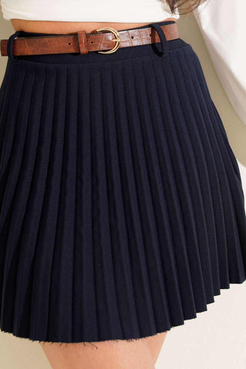 Belted Plissé Mini Skirt - Navy