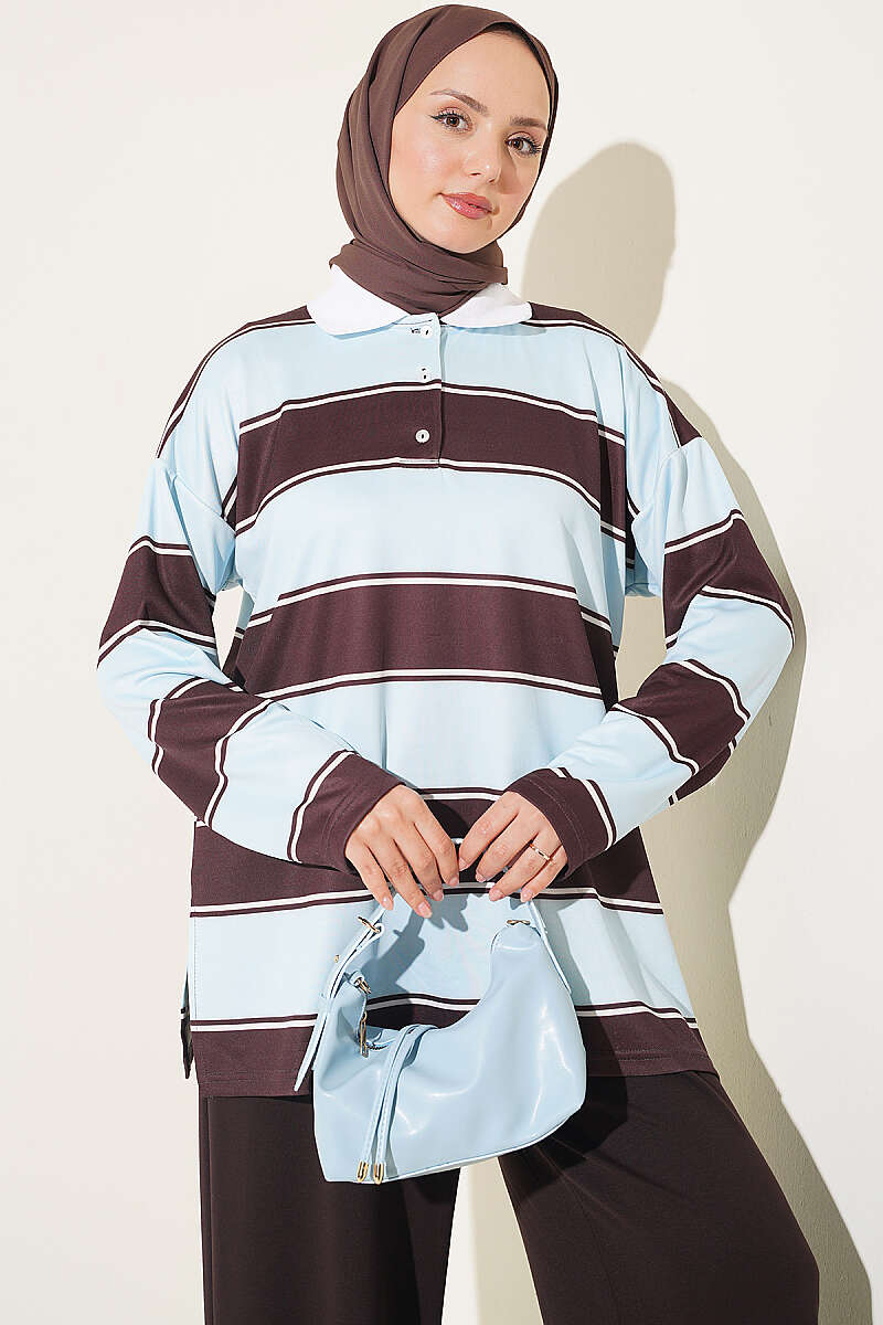 Colour-Block Polo-Collar Set - Light Blue