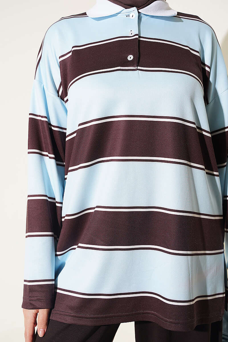 Colour-Block Polo-Collar Set - Light Blue
