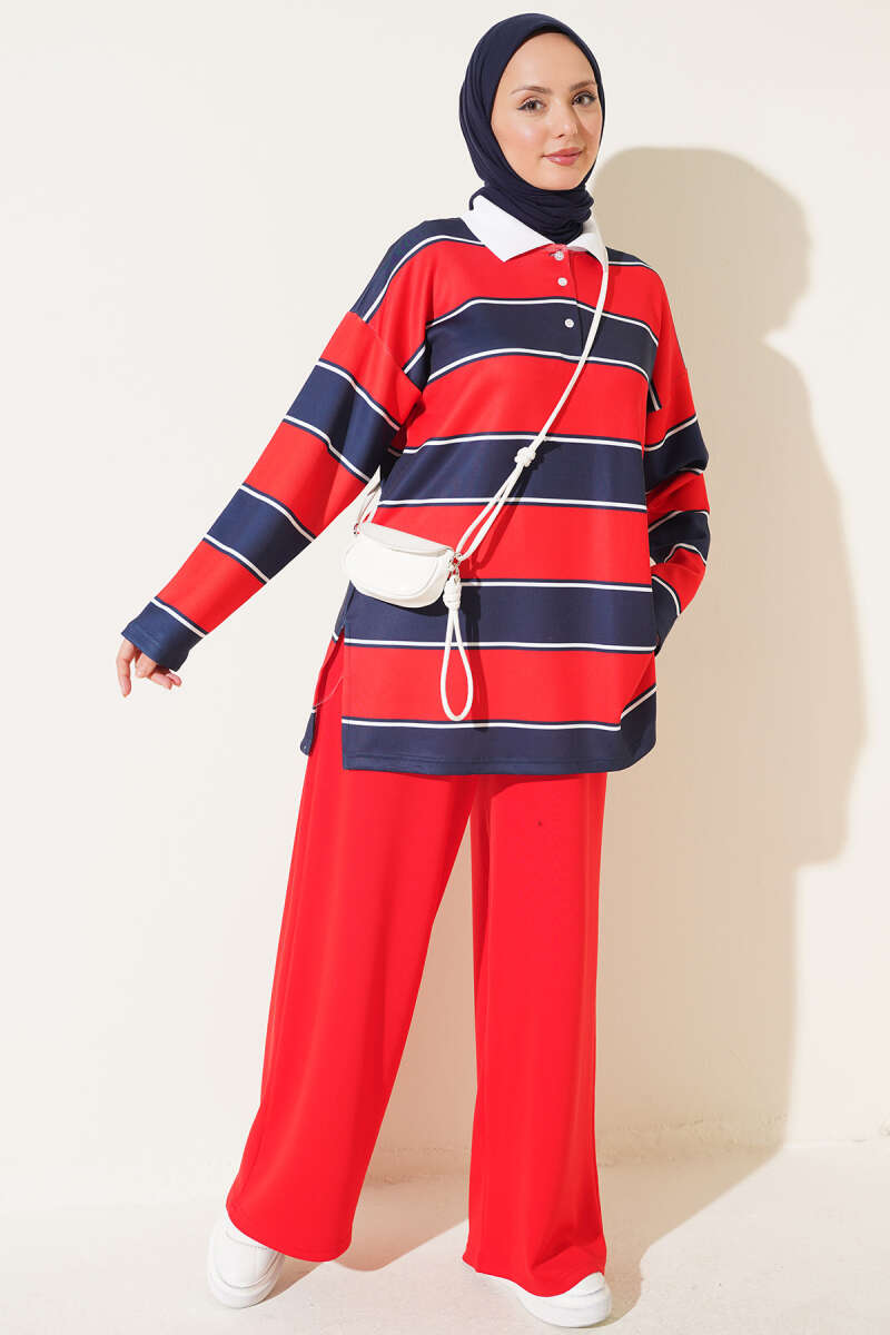 Colour-Block Polo-Collar Set - Red