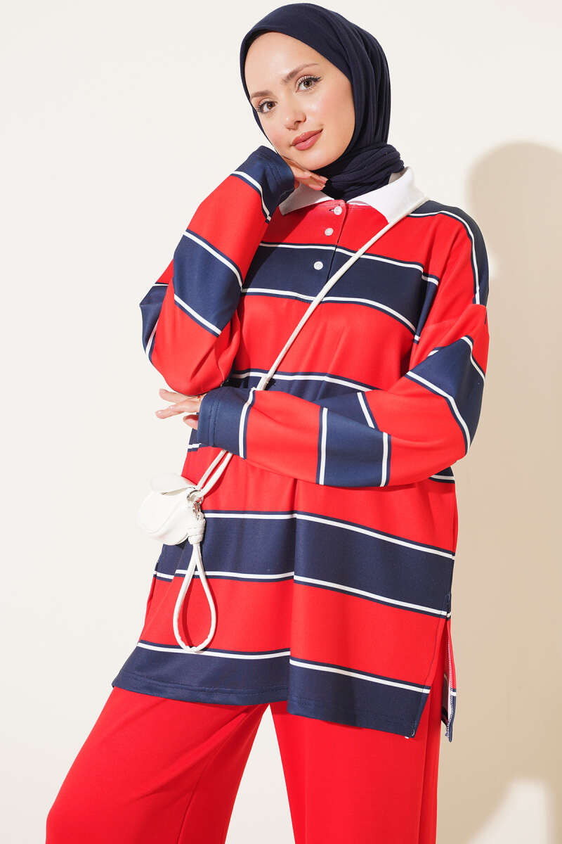 Colour-Block Polo-Collar Set - Red