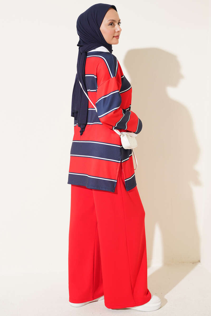 Colour-Block Polo-Collar Set - Red