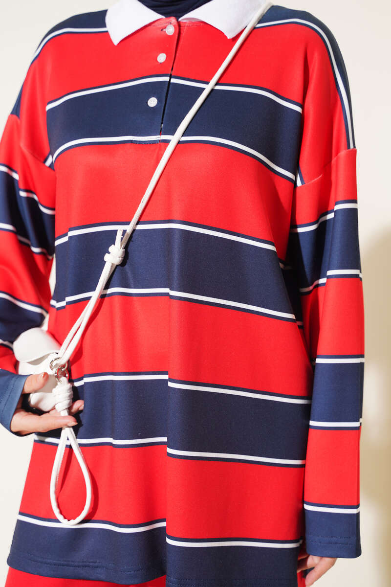 Colour-Block Polo-Collar Set - Red