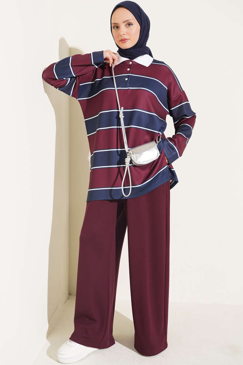 Colour-Block Polo-Collar Set - Plum