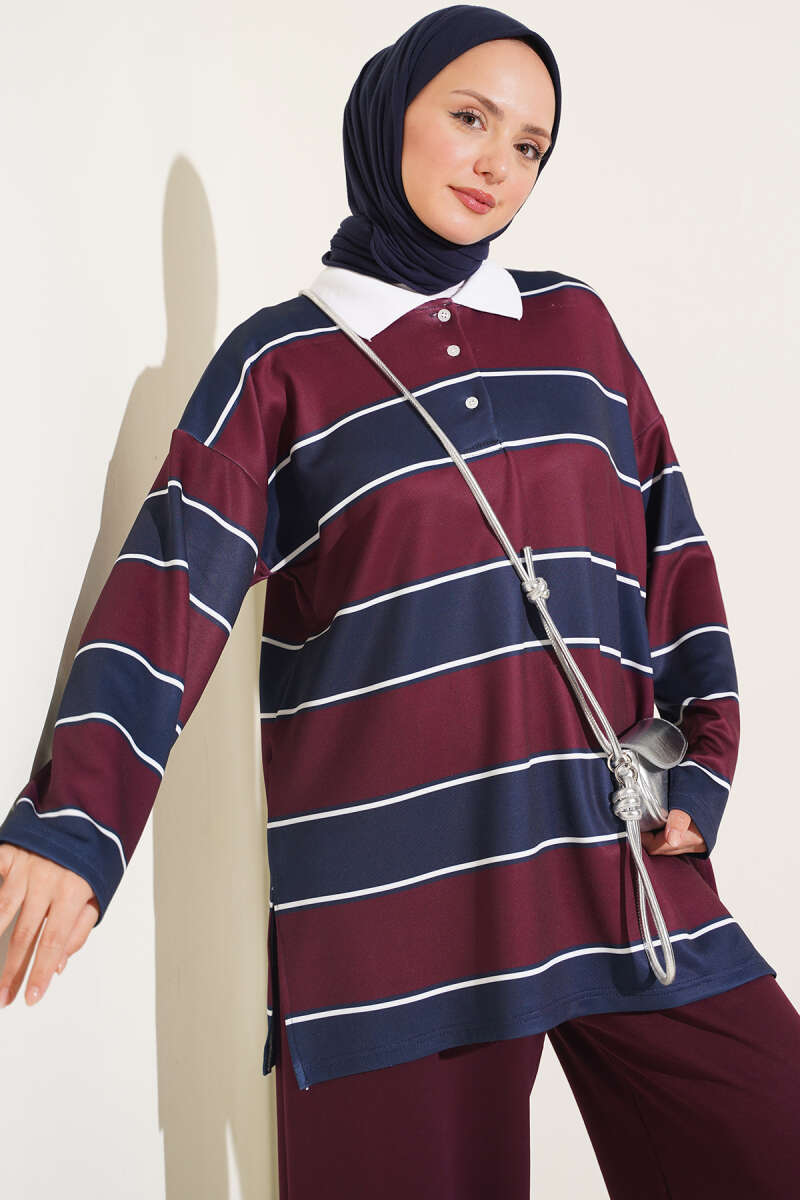 Colour-Block Polo-Collar Set - Plum