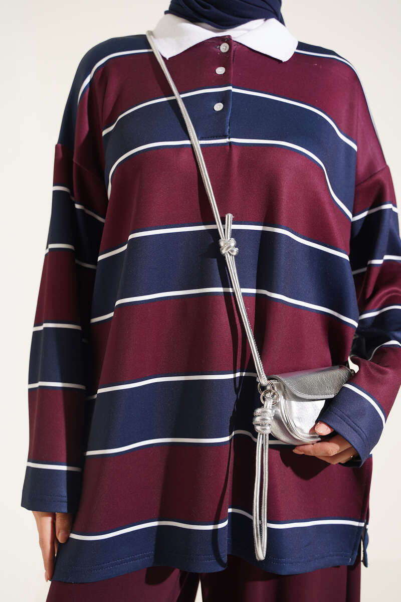 Colour-Block Polo-Collar Set - Plum