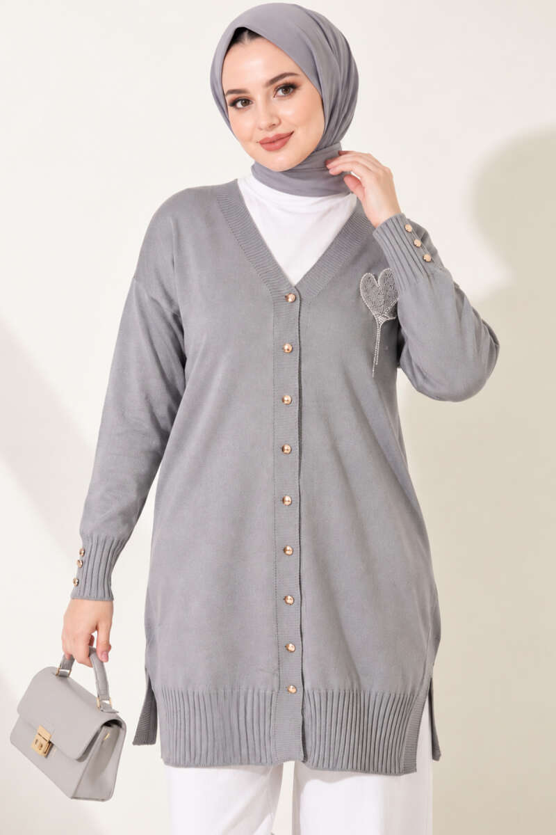 Embroidered Knit Cardigan - Grey