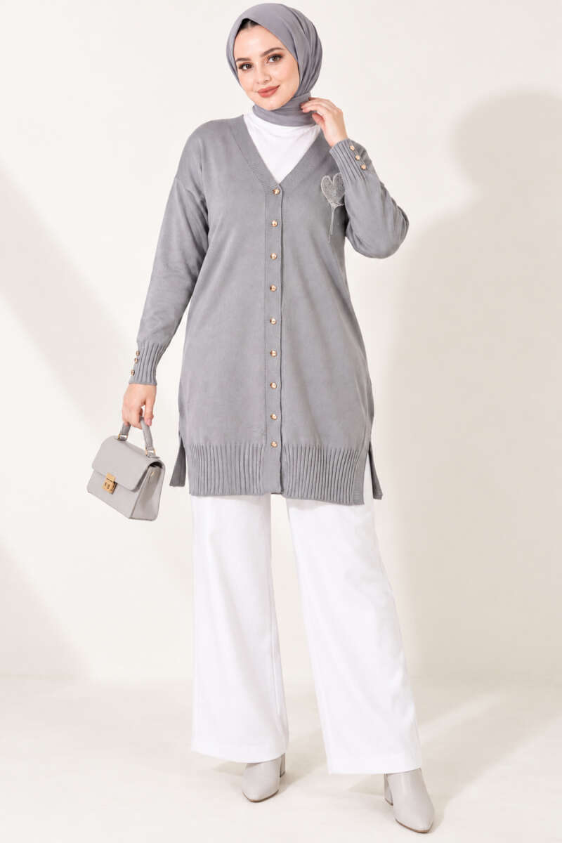 Embroidered Knit Cardigan - Grey