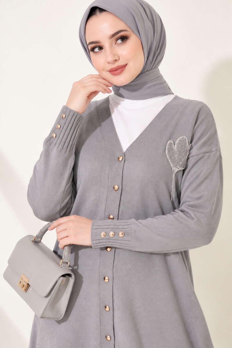 Embroidered Knit Cardigan - Grey