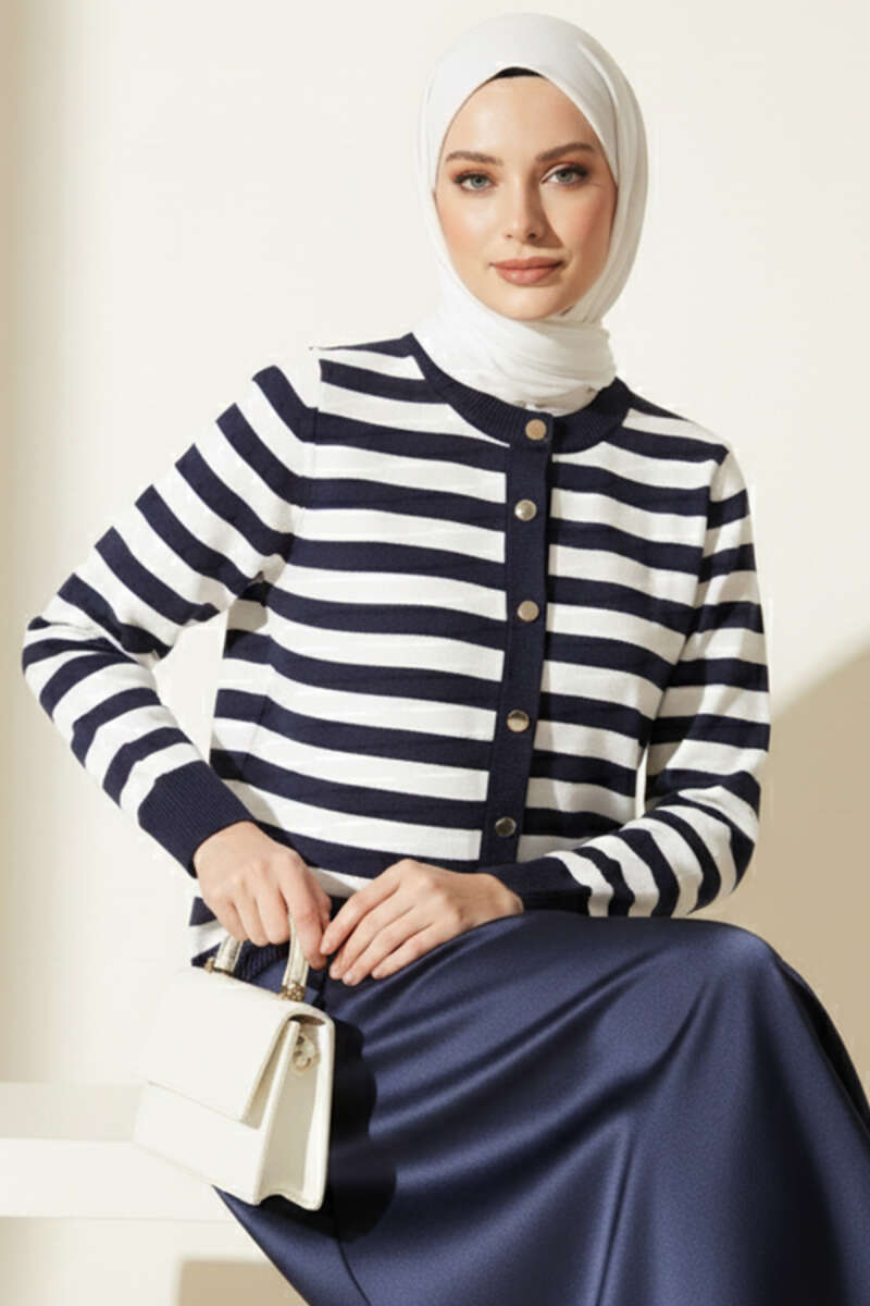 Striped Polyamide Knit Cardigan - Navy