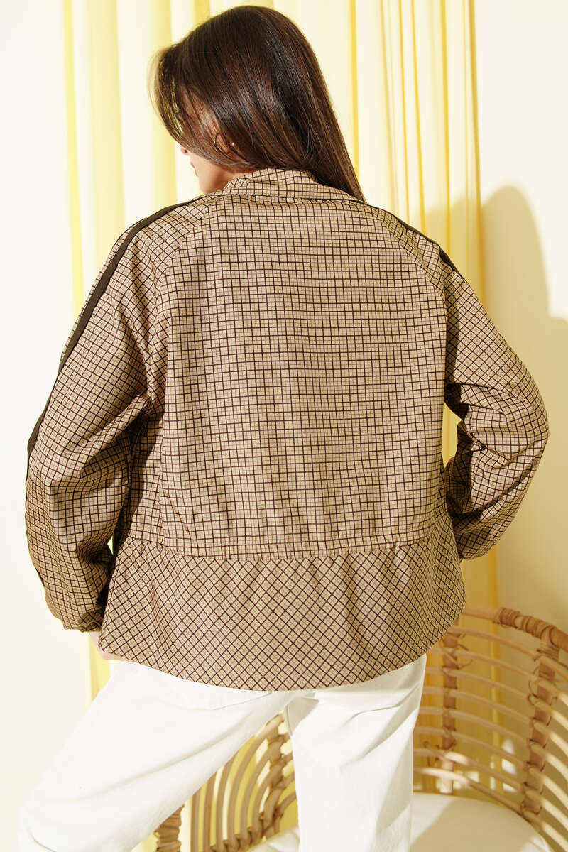 Short Gingham Trench Coat with Gathered Waist - Camel