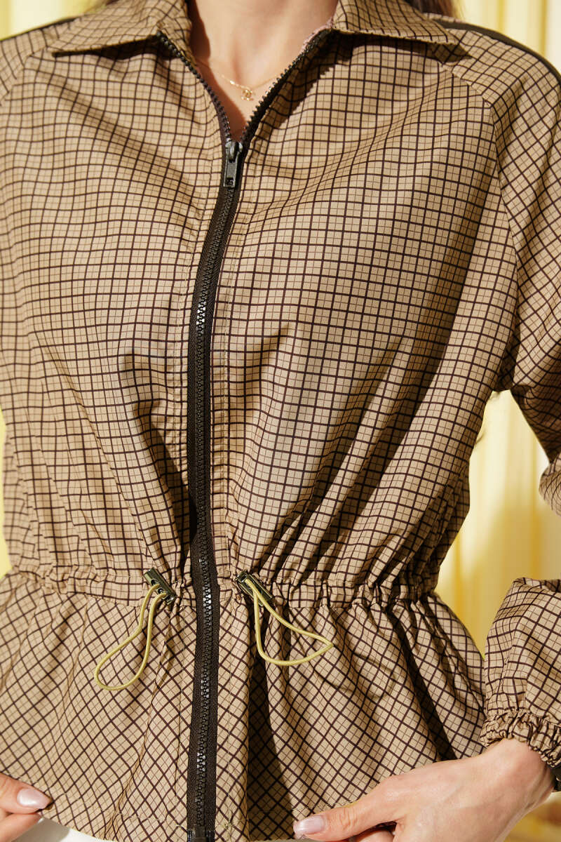 Short Gingham Trench Coat with Gathered Waist - Camel