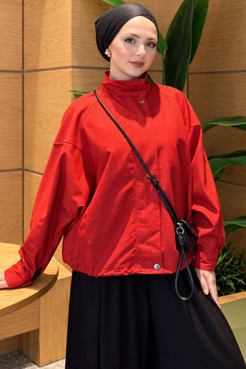Gingham Jacket with Snap Buttons - Red