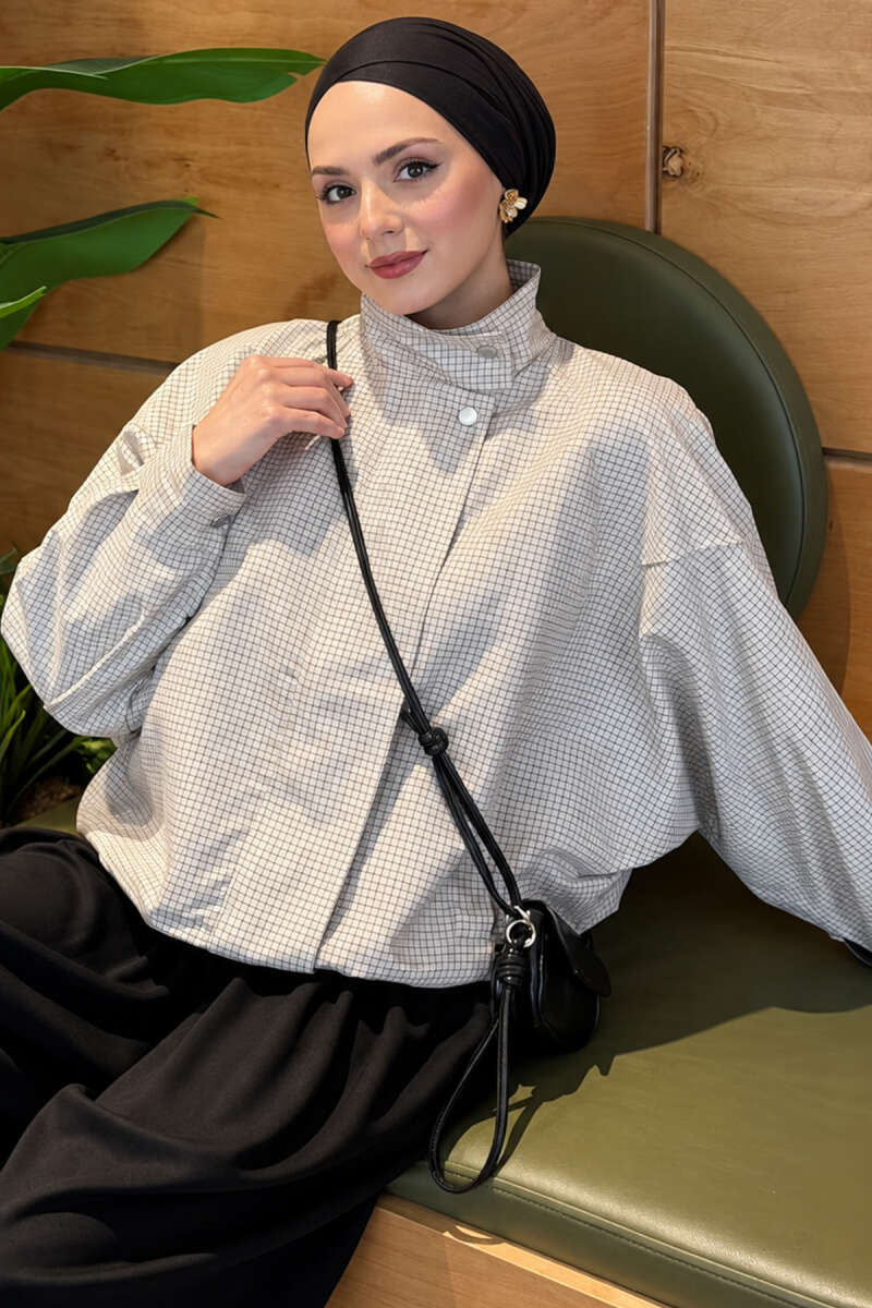 Gingham Jacket with Snap Buttons - Stone