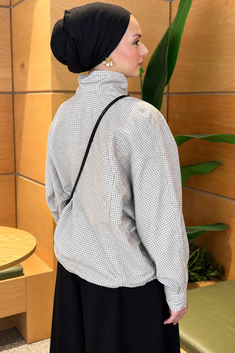 Gingham Jacket with Snap Buttons - Stone