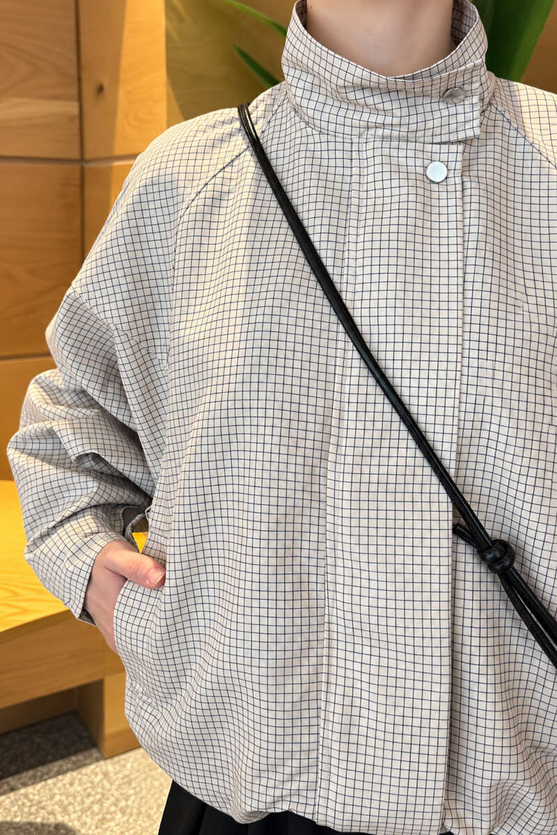 Gingham Jacket with Snap Buttons - Stone