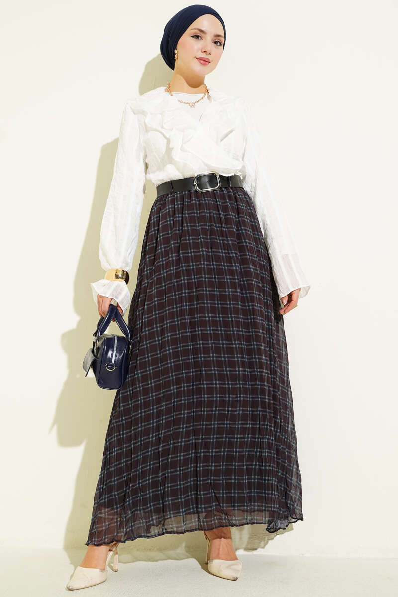 Belted Gingham Crinkle Chiffon Skirt - Black