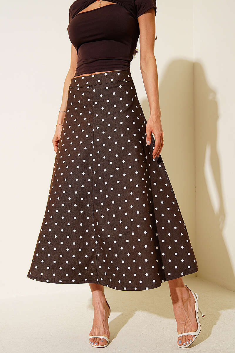 Polka Dot Gabardine Midi Skirt - Brown
