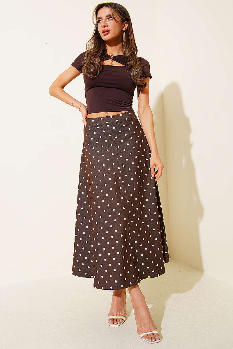 Polka Dot Gabardine Midi Skirt - Brown
