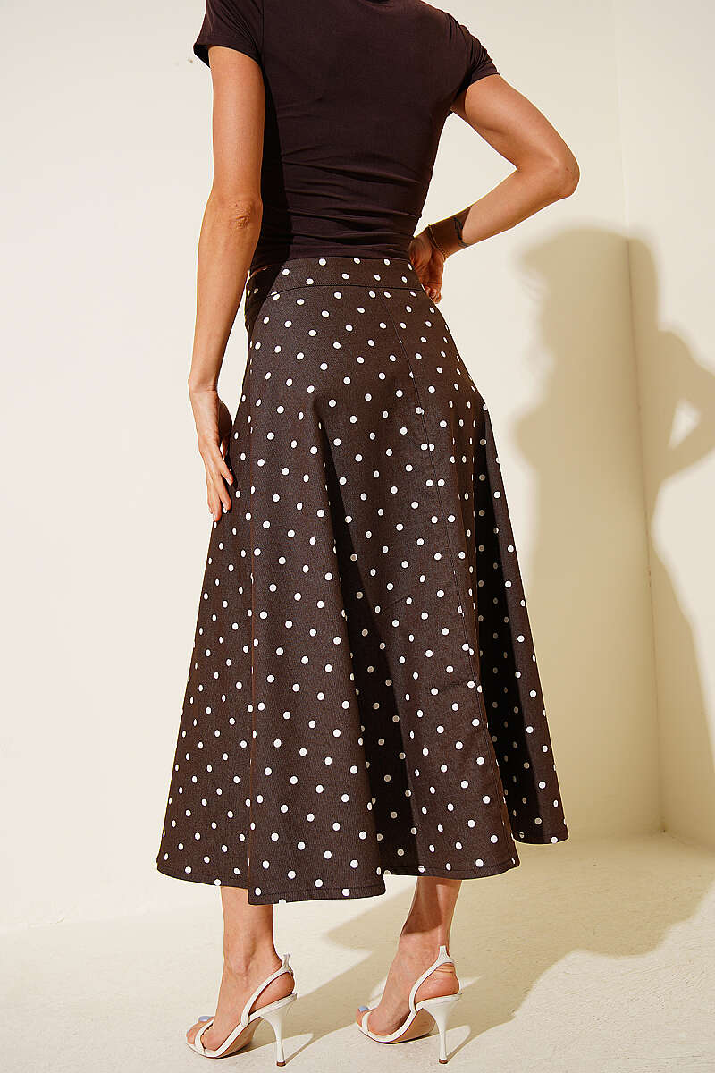 Polka Dot Gabardine Midi Skirt - Brown