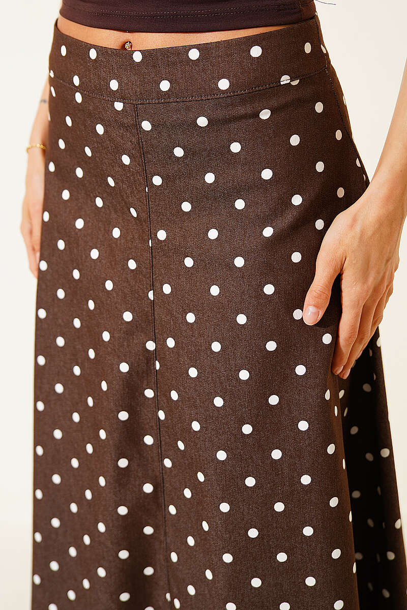 Polka Dot Gabardine Midi Skirt - Brown