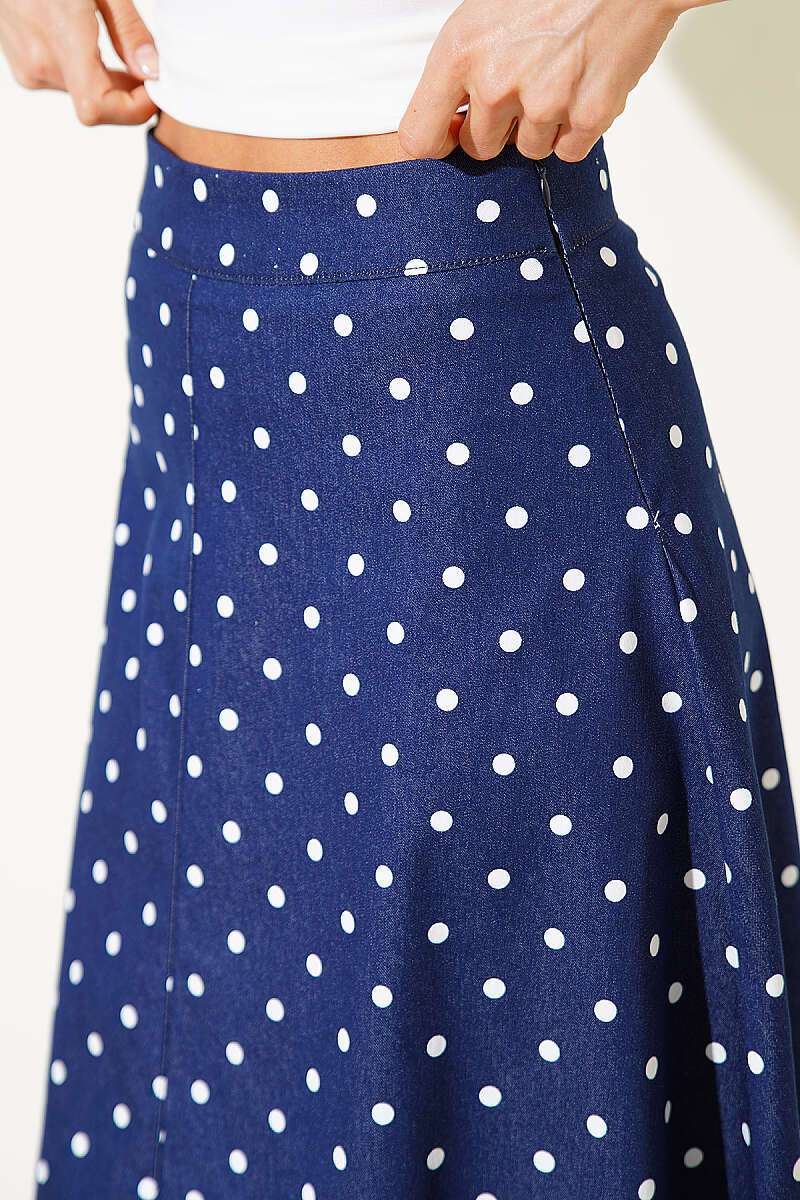 Polka Dot Gabardine Midi Skirt - Navy
