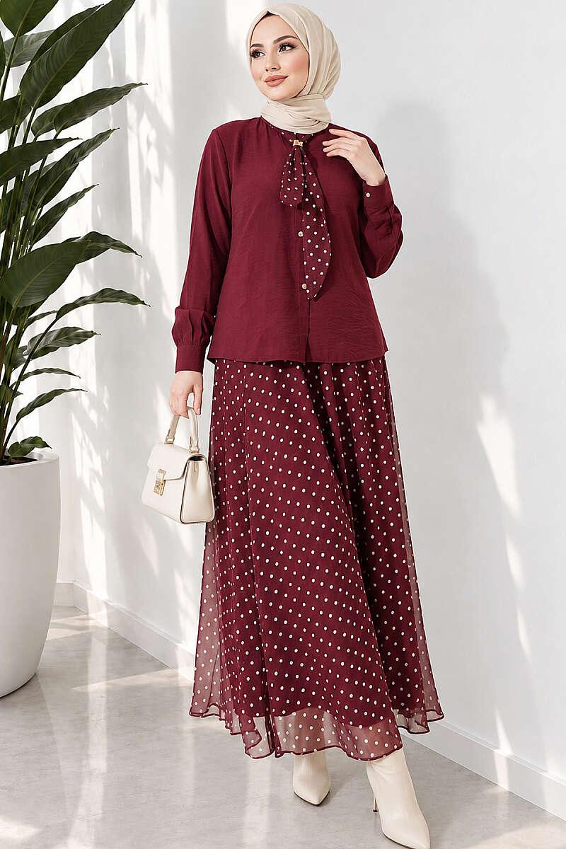 Polka Dot Skirt Set with Scarf - Burgundy