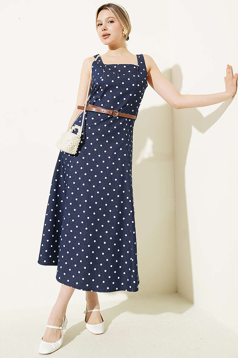 Belted Polka Dot Print Dress - Navy
