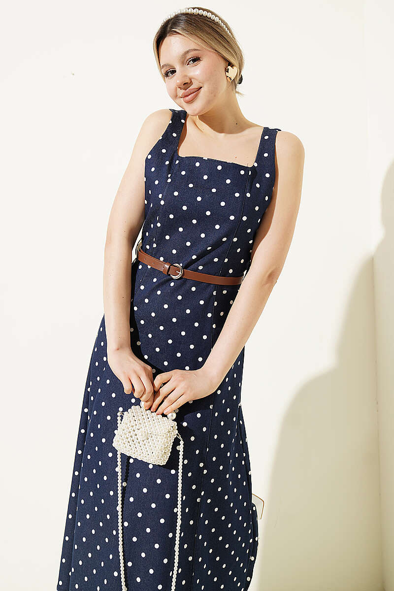 Belted Polka Dot Print Dress - Navy