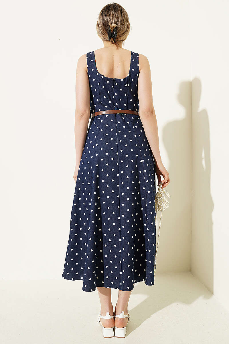 Belted Polka Dot Print Dress - Navy
