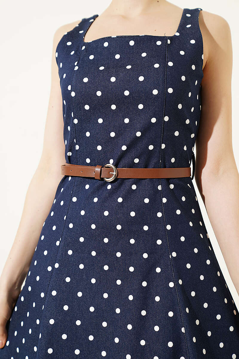 Belted Polka Dot Print Dress - Navy