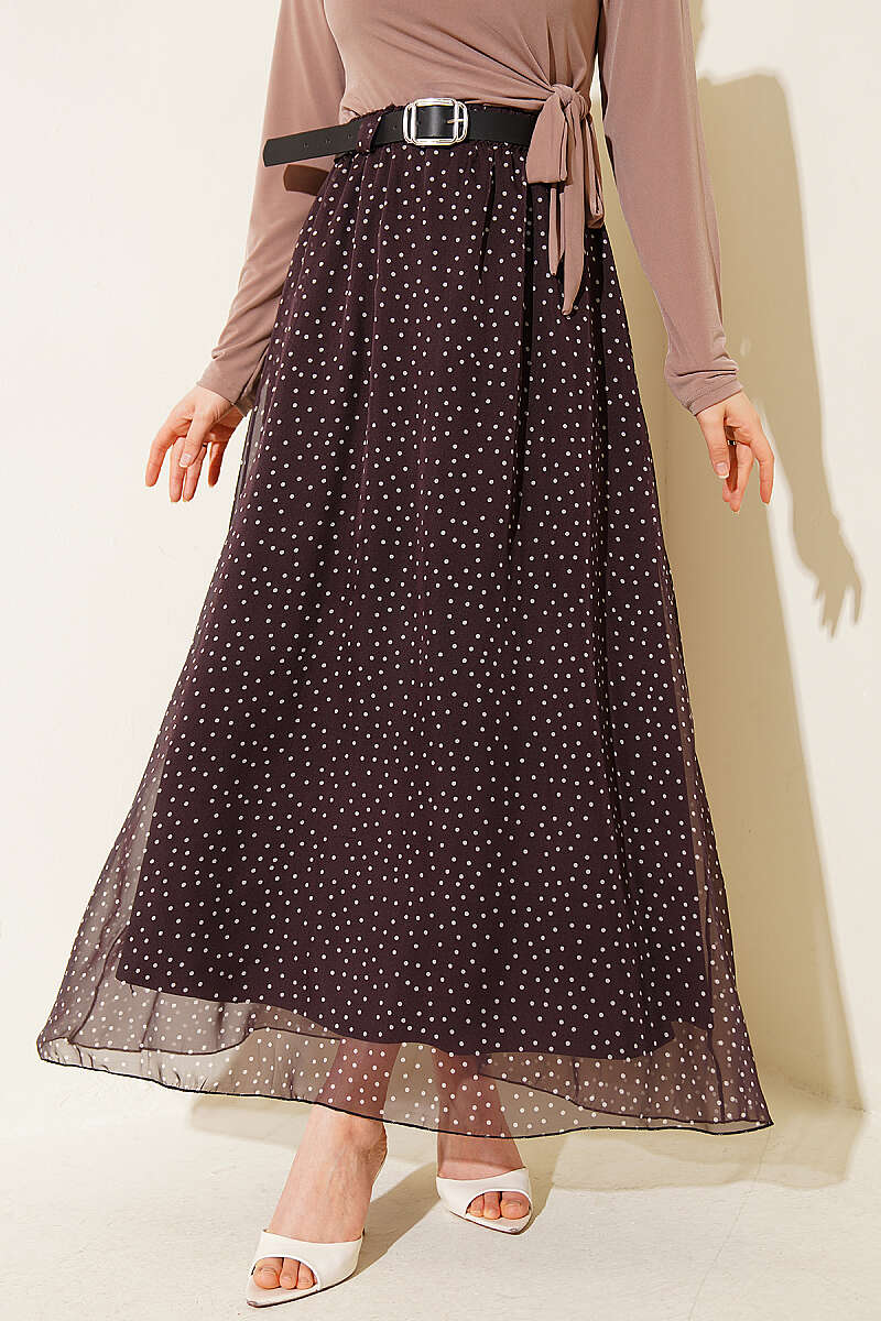 Belted Polka Dot Skirt with Elastic Waist - Dark Brown