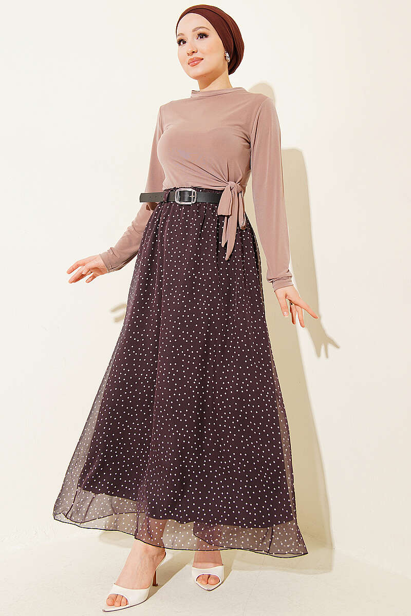 Belted Polka Dot Skirt with Elastic Waist - Dark Brown