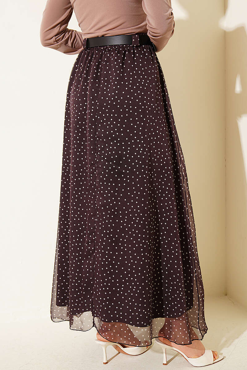 Belted Polka Dot Skirt with Elastic Waist - Dark Brown