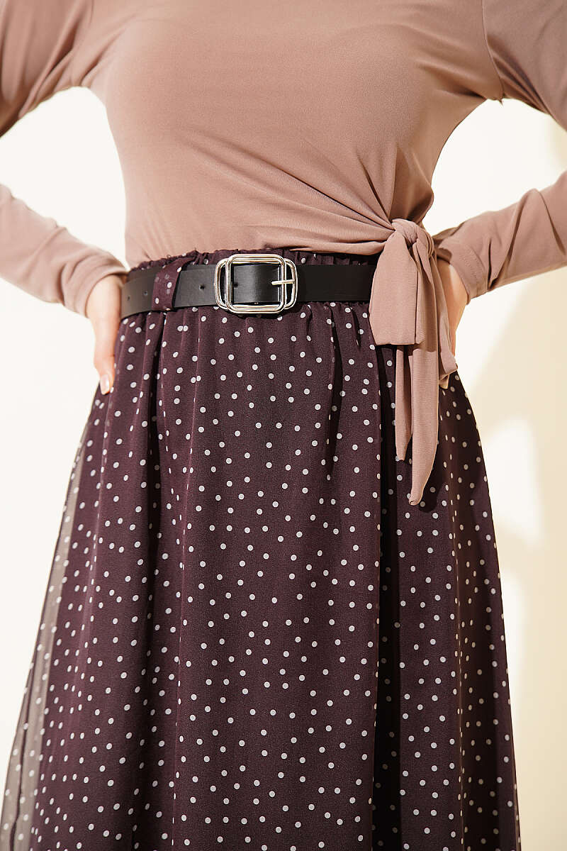 Belted Polka Dot Skirt with Elastic Waist - Dark Brown