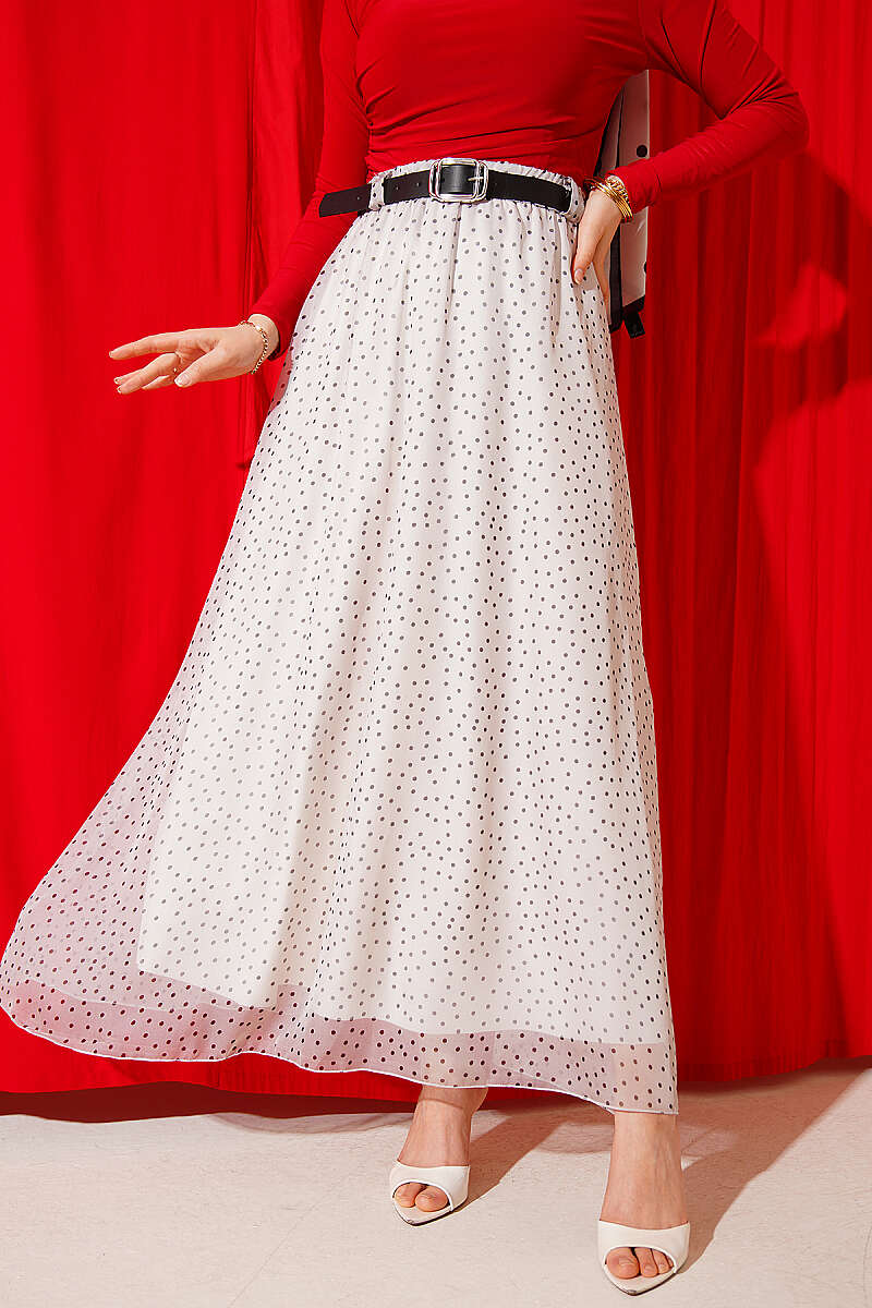Belted Polka Dot Skirt with Elastic Waist - Ecru
