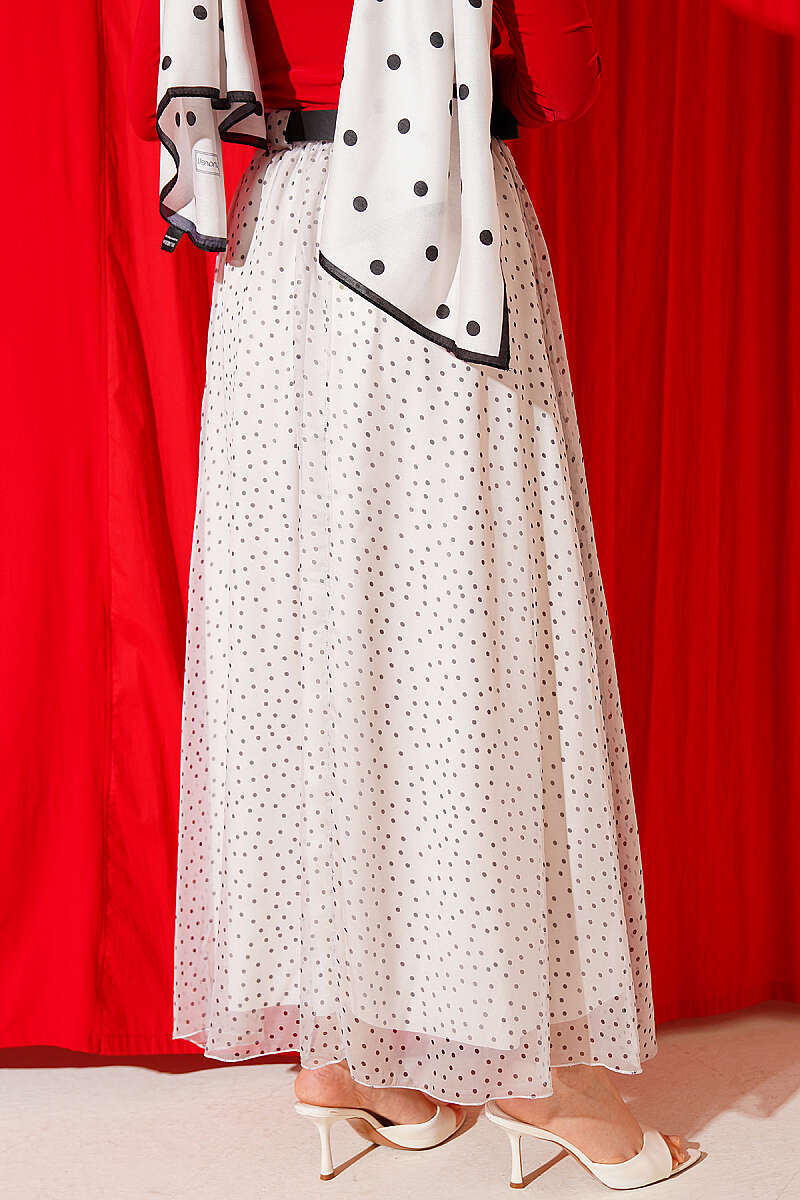 Belted Polka Dot Skirt with Elastic Waist - Ecru