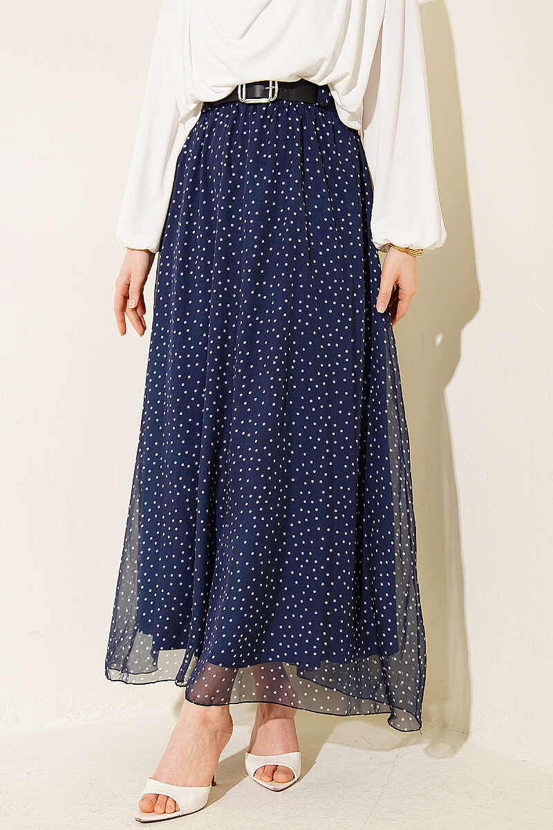 Belted Polka Dot Skirt with Elastic Waist - Navy