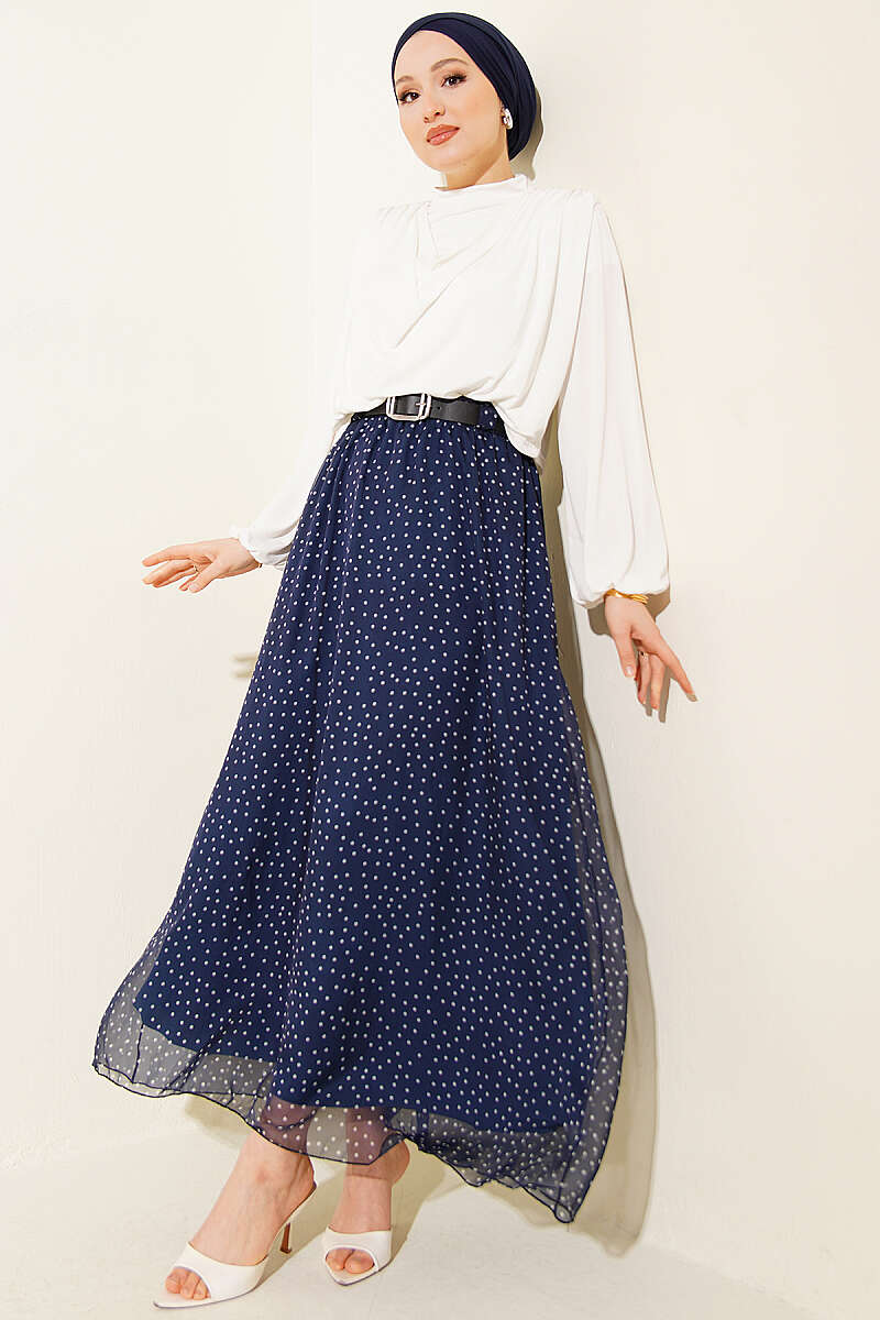 Belted Polka Dot Skirt with Elastic Waist - Navy