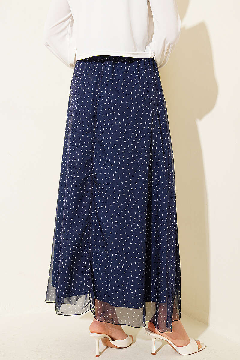 Belted Polka Dot Skirt with Elastic Waist - Navy