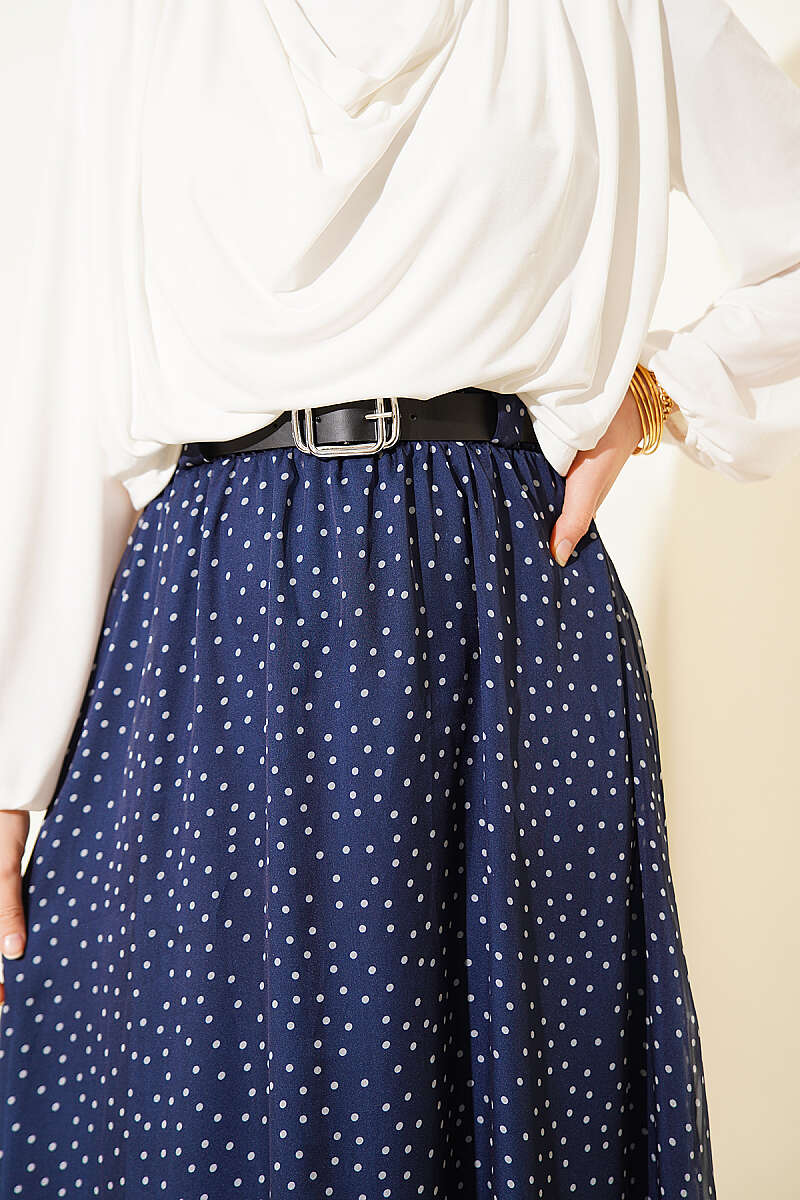 Belted Polka Dot Skirt with Elastic Waist - Navy