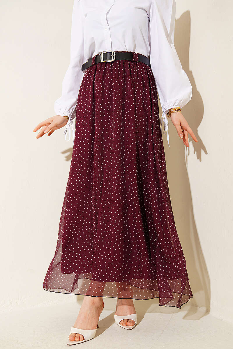 Belted Polka Dot Skirt with Elastic Waist - Plum