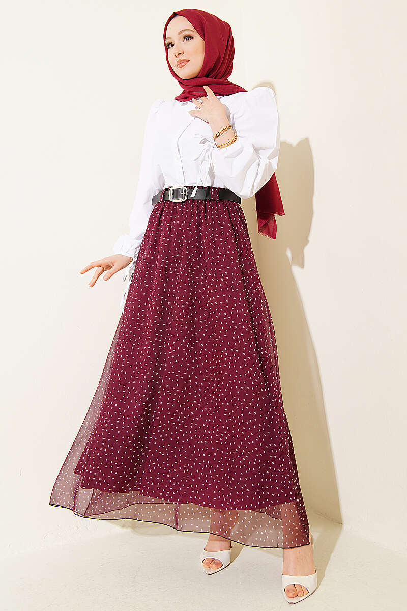 Belted Polka Dot Skirt with Elastic Waist - Plum