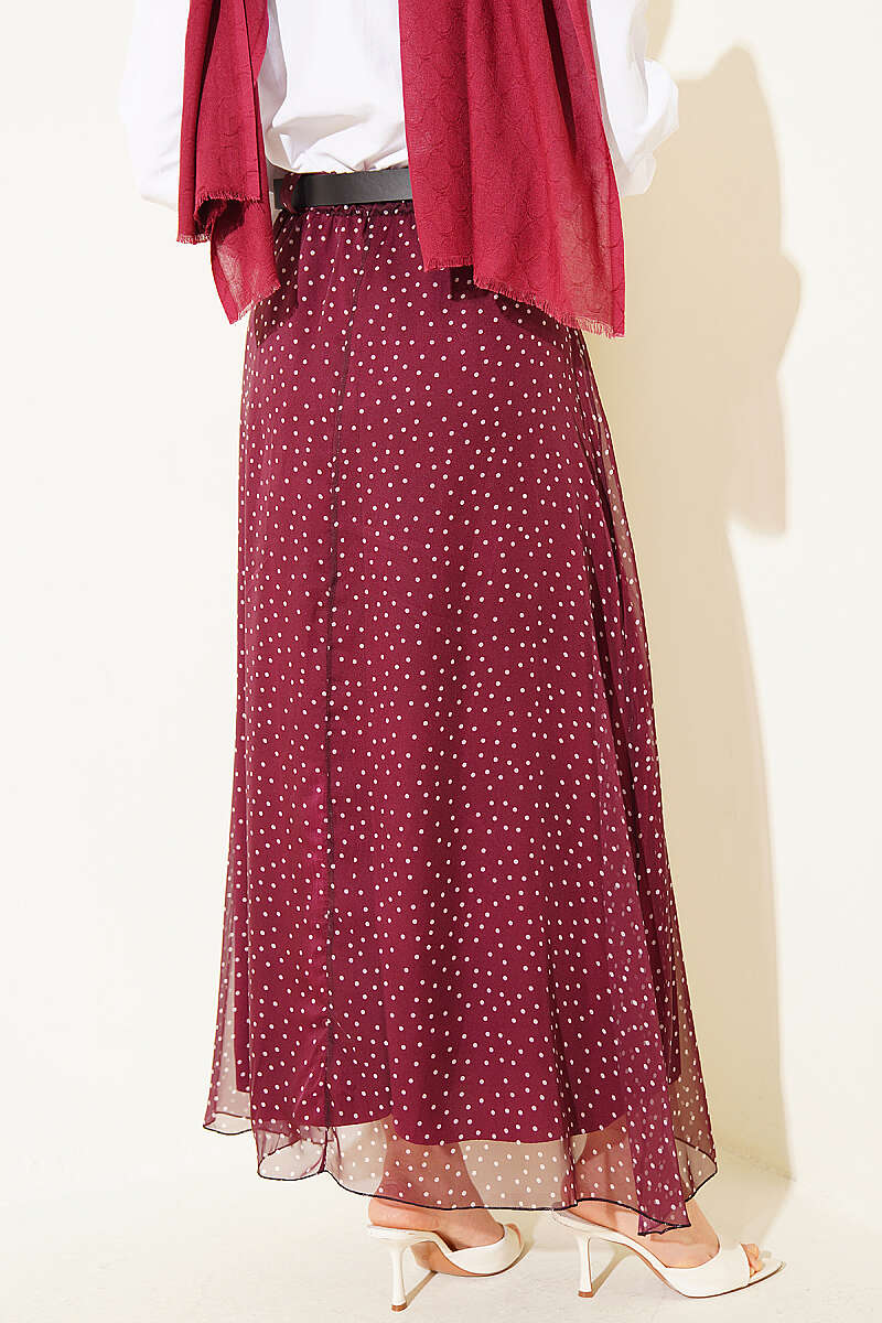 Belted Polka Dot Skirt with Elastic Waist - Plum